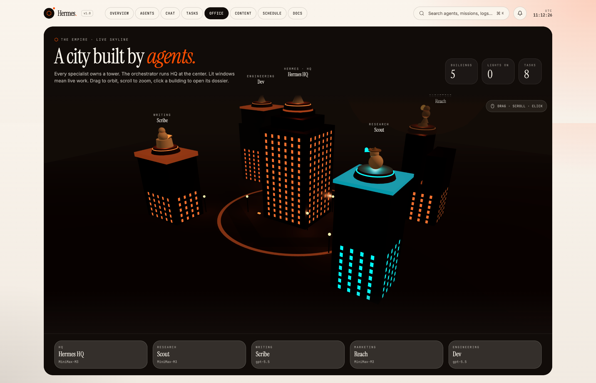 Office — 3D live skyline — one tower per specialist, lit when working.