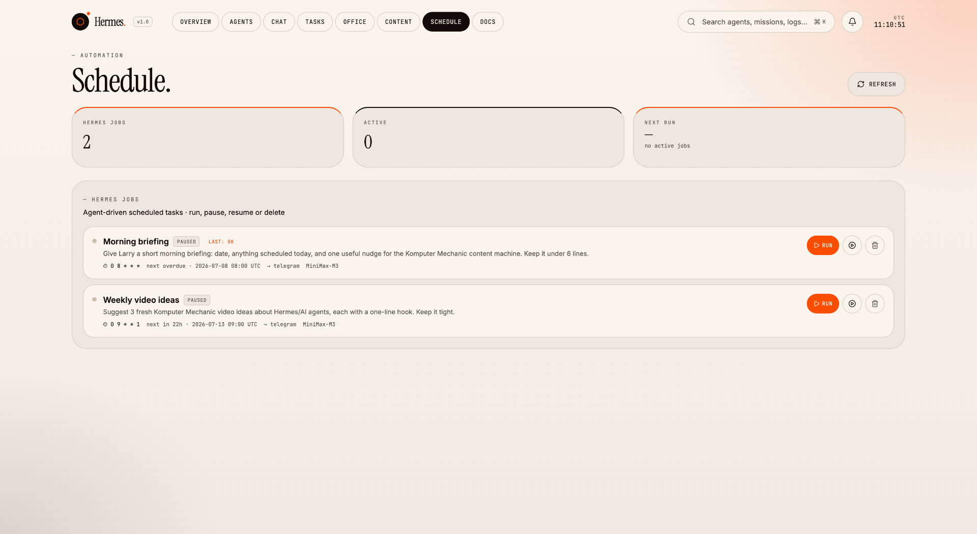 Schedule — Cron jobs with next-run timeline and pause/run controls.