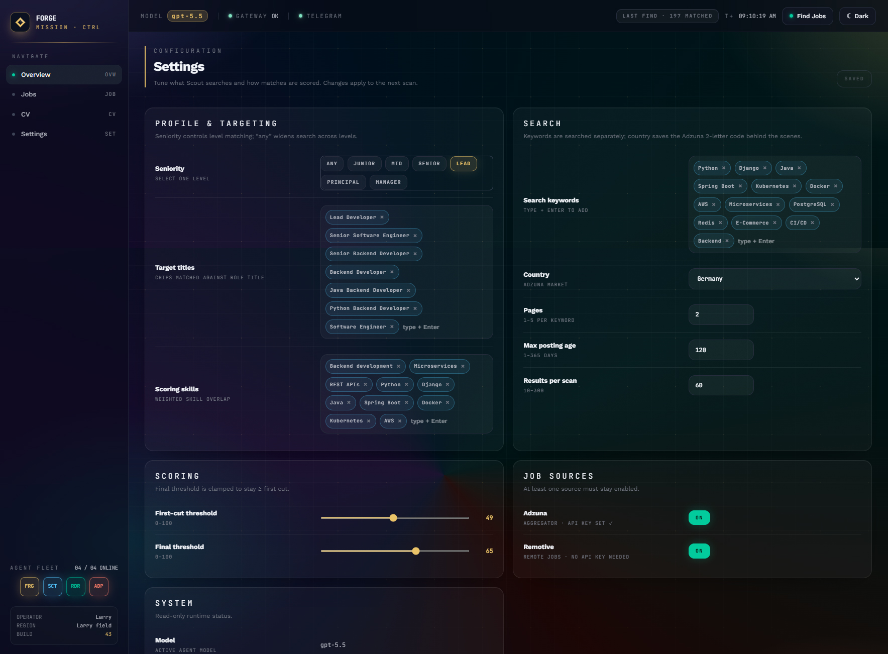 Settings — Profile targeting, search keywords, scoring thresholds, job sources, and system status.