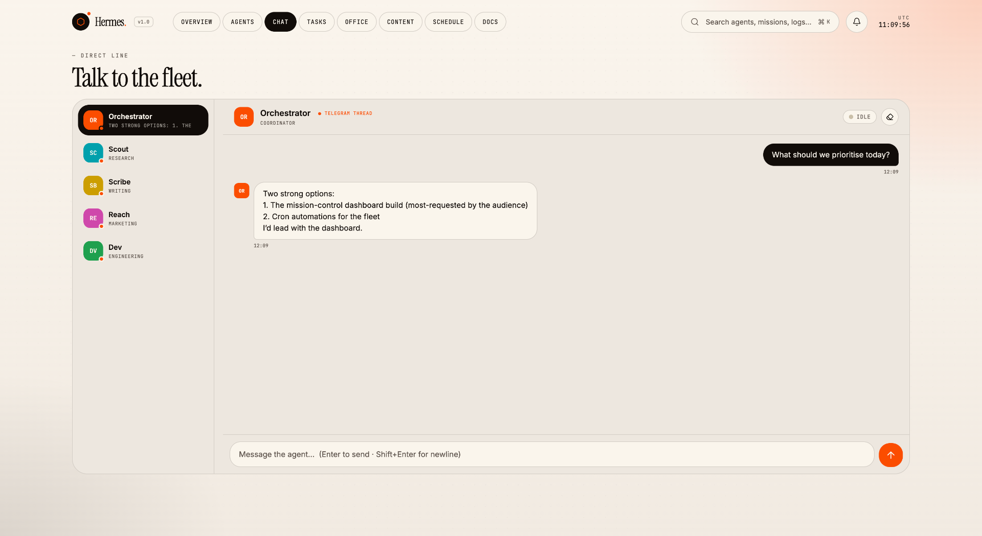 Chat — Direct line to each specialist — same threads as Telegram.