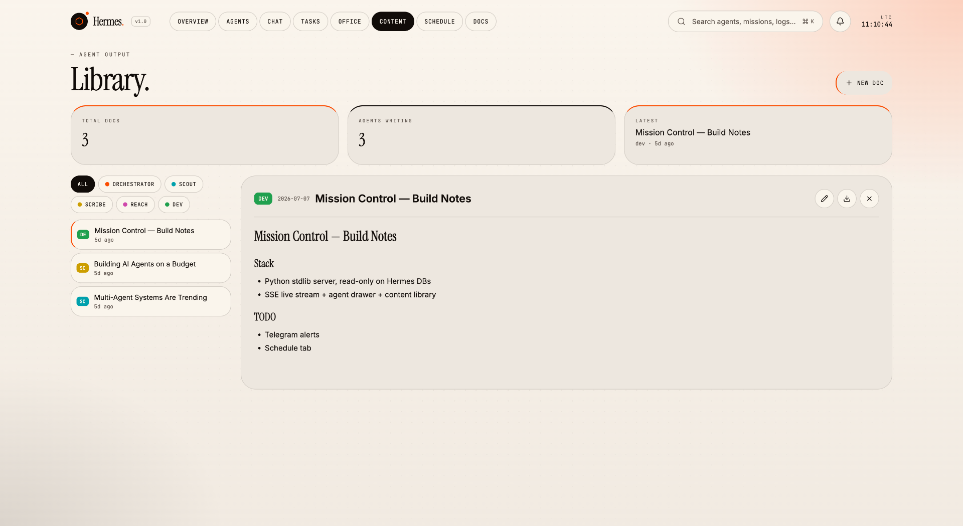Content — Agent-generated markdown library, filtered by agent.