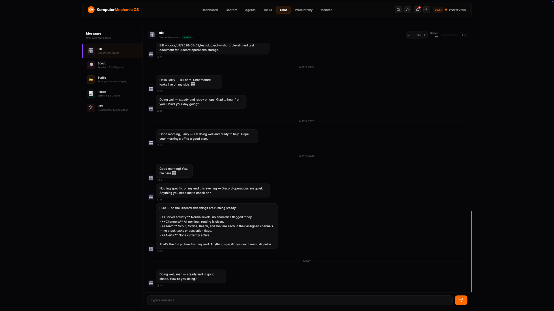 Agent Chat — Direct message any agent via their Discord channel.