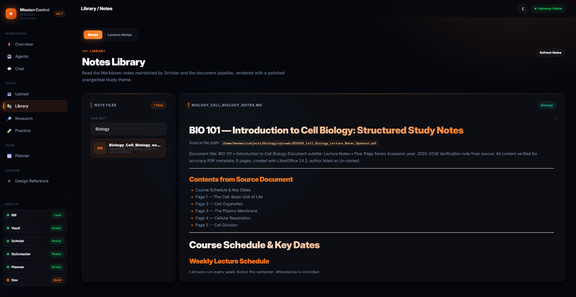 Notes Library — Scholar's structured Markdown notes per subject, rendered with the polished orange/teal study theme.