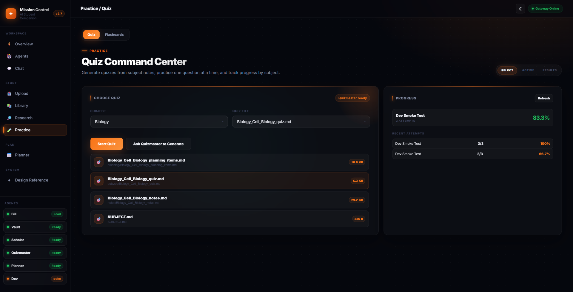 Quiz Command Center — Generate quizzes from subject notes, practice one question at a time, and track progress per subject.