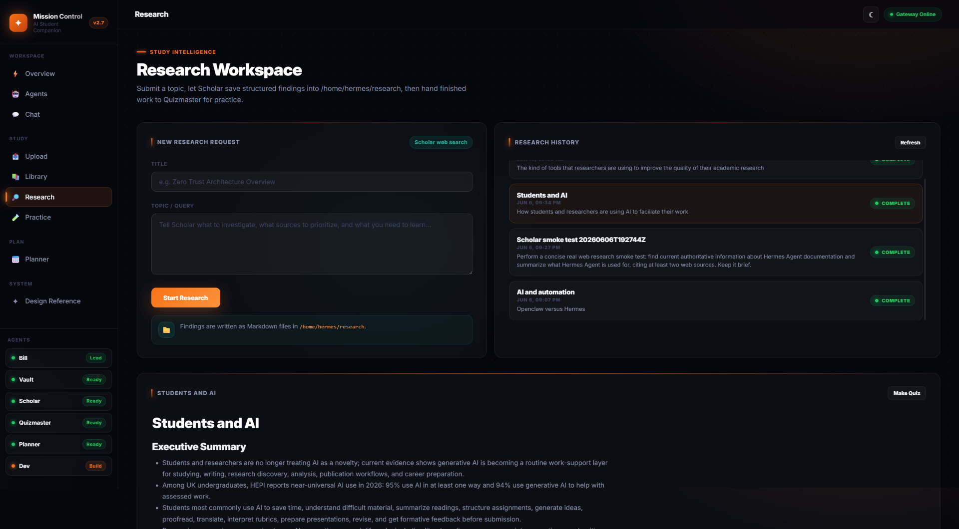 Research Workspace — Submit a topic — Scholar saves structured findings, then hands the finished work to Quizmaster for practice.