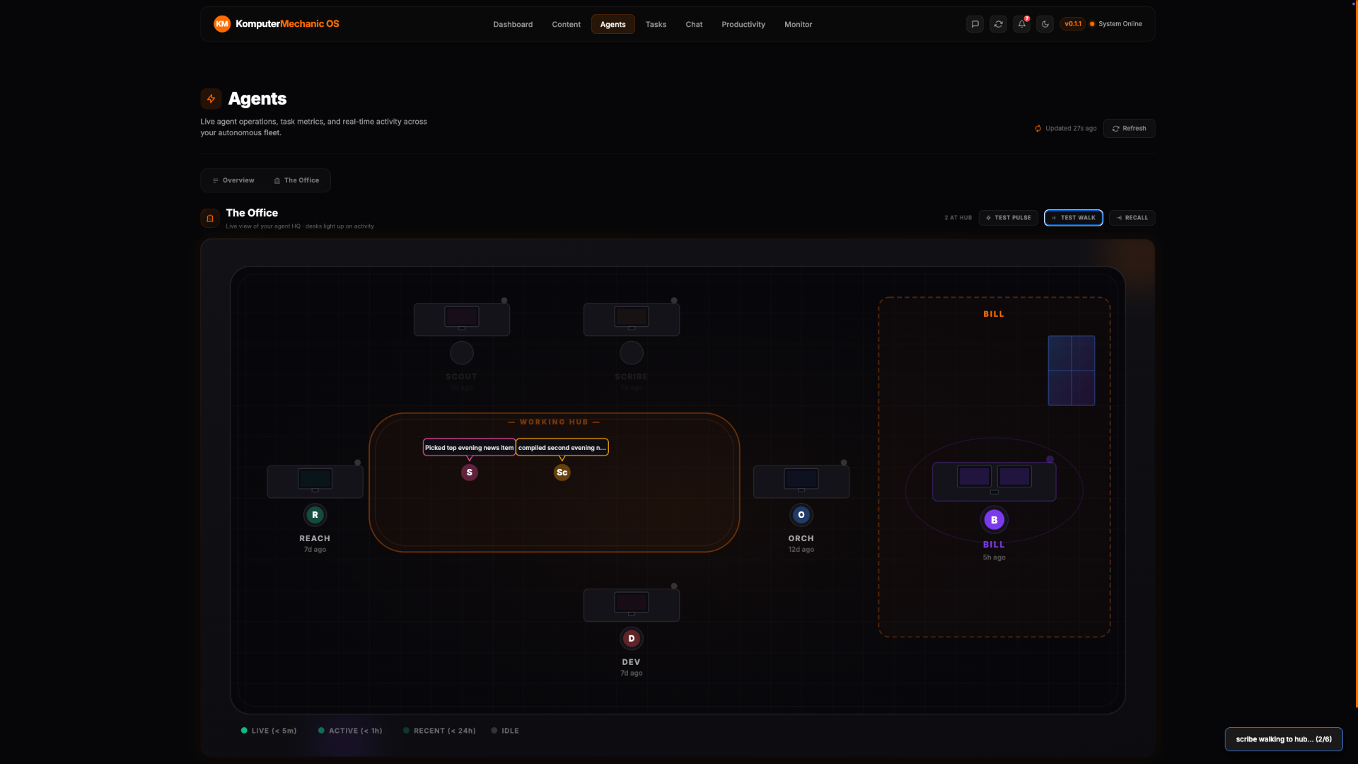 The Office — Animated live view of agents walking to the working hub.