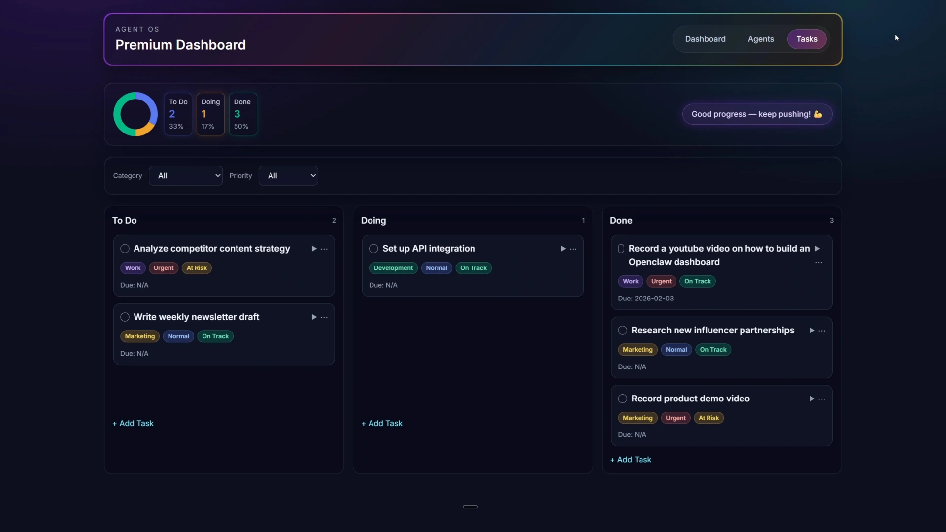 OpenClaw Mission Control Dashboard - Kanban Tasks