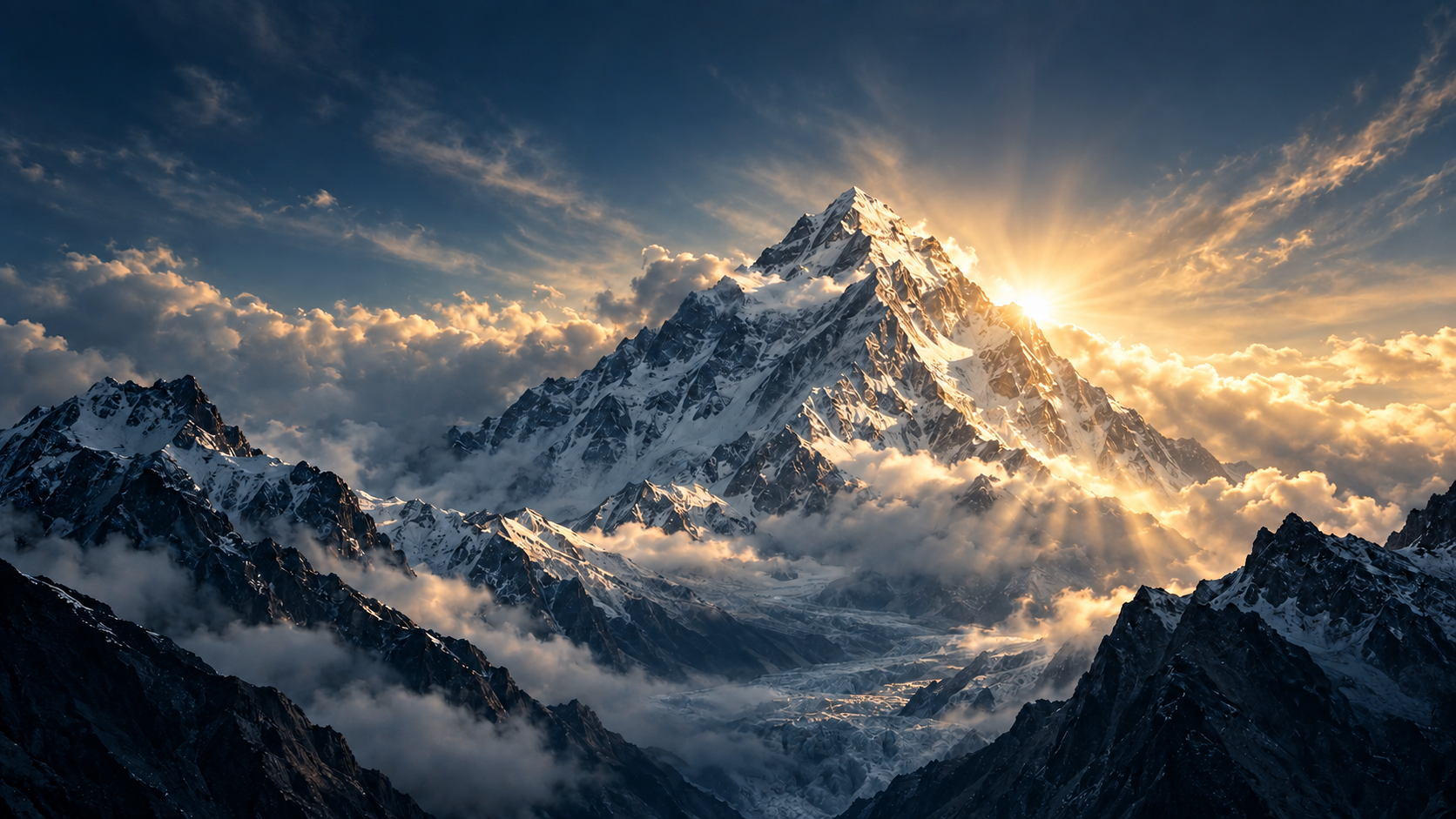 A snow-covered alpine summit illuminated by warm sunrise, above clouds and a shadowed glacier valley.